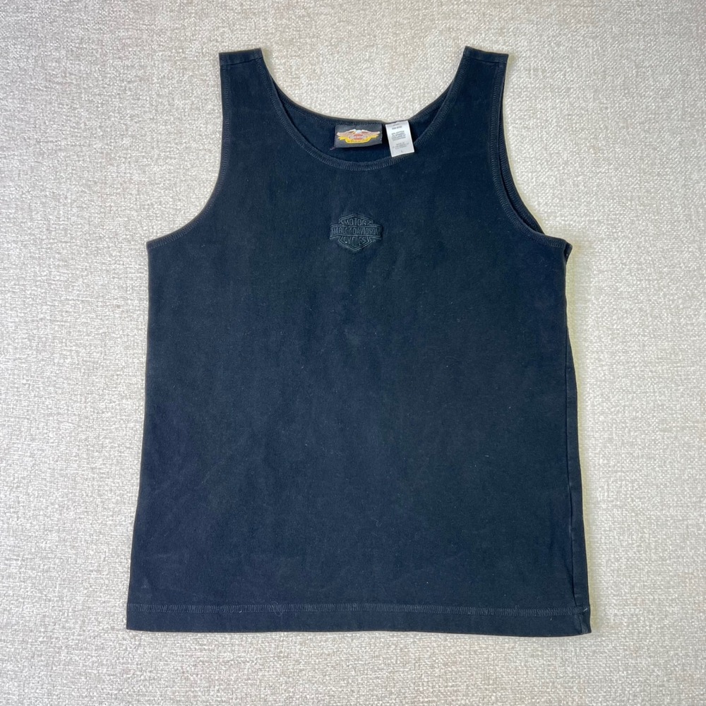Harley Davidson Mens Black Embroidered Logo Tank Top Sleeveless Large Y2K Biker